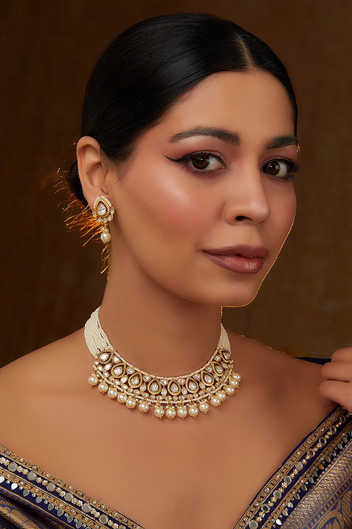Gold Finish Kundan Polki Choker Necklace Set