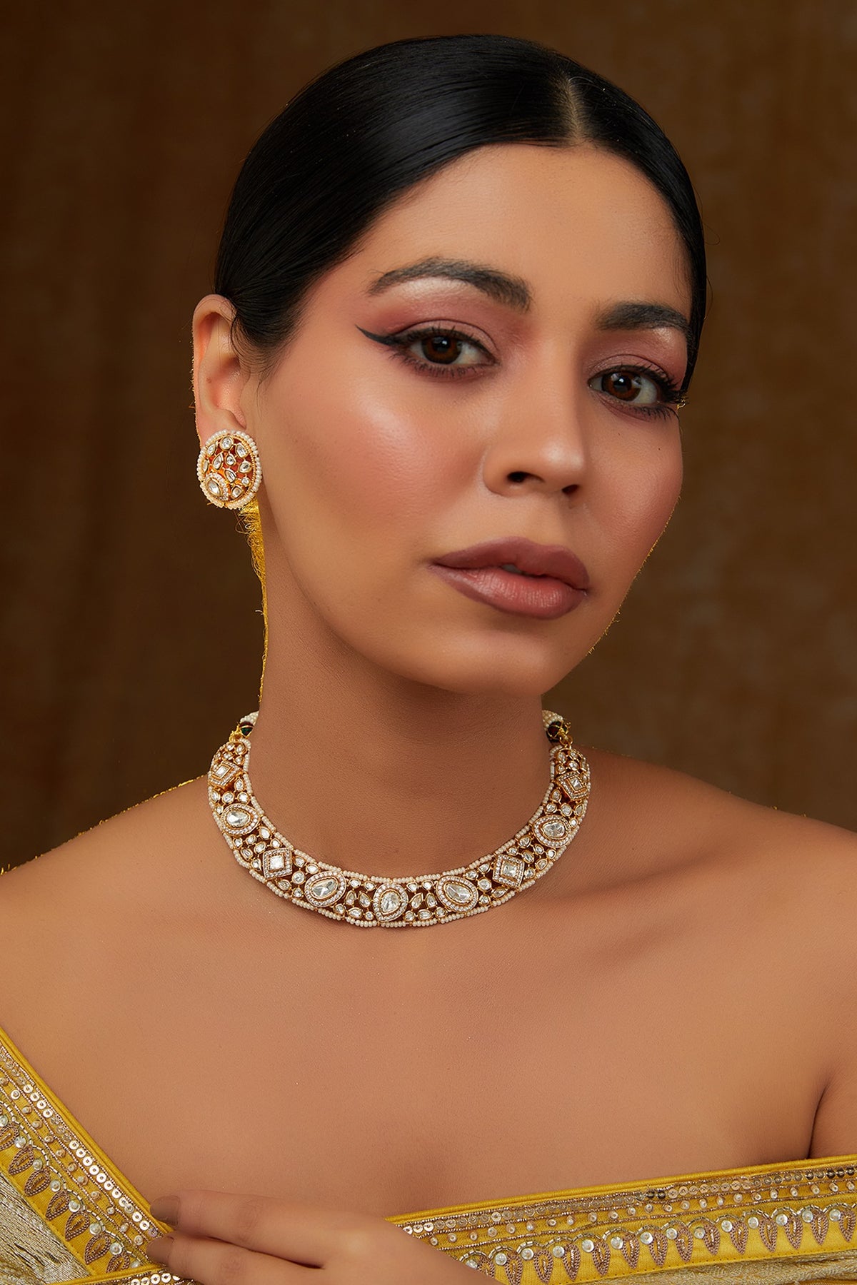 Gold Finish Kundan Polki Choker Necklace Set