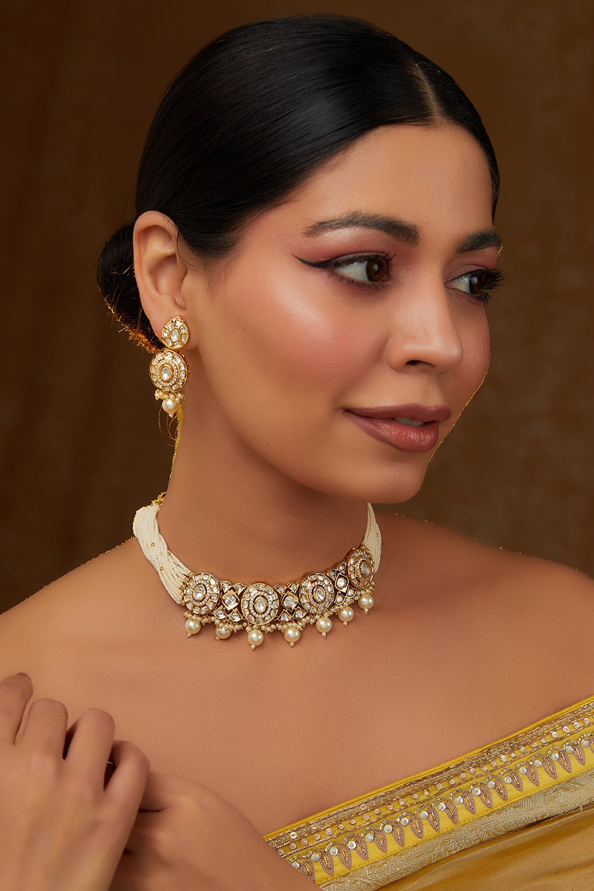 Gold Finish Kundan Polki Choker Necklace Set