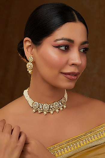 Gold Finish Kundan Polki Choker Necklace Set
