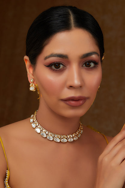 Gold Finish Kundan Polki Choker Necklace Set