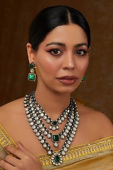 Black Rhodium Finish Kundan Polki & Emerald Layered Necklace Set