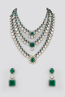 Black Rhodium Finish Kundan Polki & Emerald Layered Necklace Set