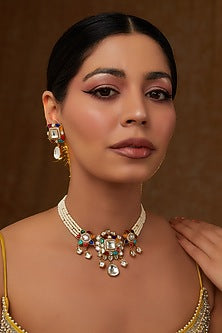 Gold Finish Kundan Polki & Pearl Choker Necklace Set