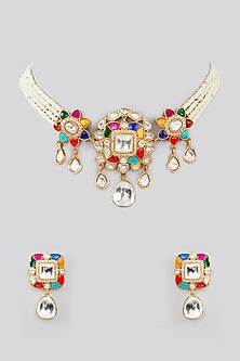 Gold Finish Kundan Polki & Pearl Choker Necklace Set