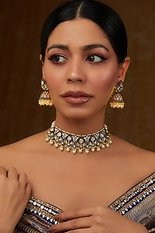 Gold Finish Kundan Polki & Pearl Choker Necklace Set