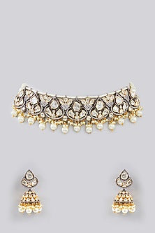 Gold Finish Kundan Polki & Pearl Choker Necklace Set