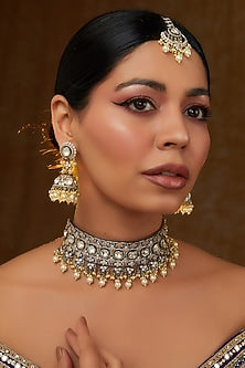 Gold Finish Kundan Polki & Pearl Choker Necklace Set