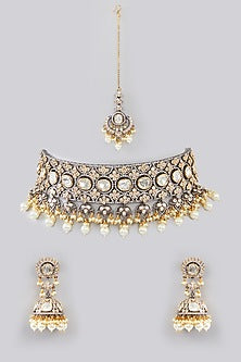 Gold Finish Kundan Polki & Pearl Choker Necklace Set