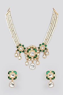 Gold Finish Kundan Polki & Pearl Choker Necklace Set