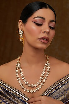 Gold Finish Kundan Polki Layered Necklace Set