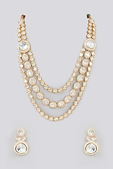 Gold Finish Kundan Polki Layered Necklace Set