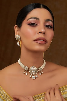 Gold Finish Kundan Polki & Pearl Choker Necklace Set