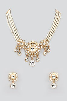 Gold Finish Kundan Polki & Pearl Choker Necklace Set