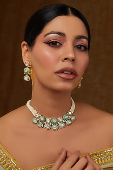 Gold Finish Kundan Polki & Pearl Choker Necklace Set
