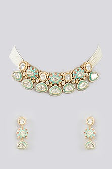 Gold Finish Kundan Polki & Pearl Choker Necklace Set