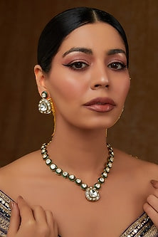 Gold Finish Kundan Polki Meenakari Necklace Set