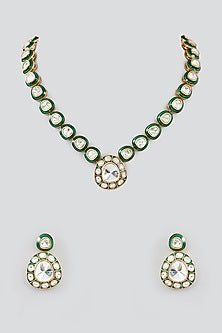 Gold Finish Kundan Polki Meenakari Necklace Set