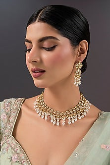 Gold Finish Moissanite & Pearl Necklace Set