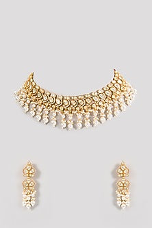 Gold Finish Moissanite & Pearl Necklace Set