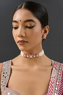 Gold Finish Kundan Polki & Red Stone Choker Necklace Set