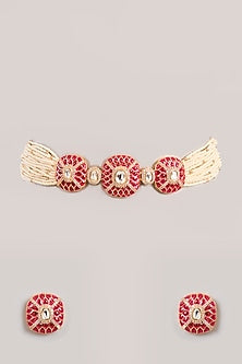 Gold Finish Kundan Polki & Red Stone Choker Necklace Set