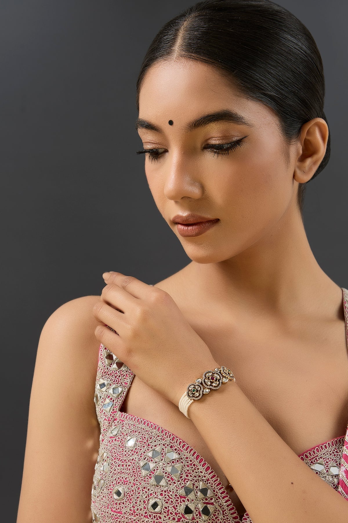 Two-Tone Finish Kundan Polki & Pearl Adjustable Bracelet