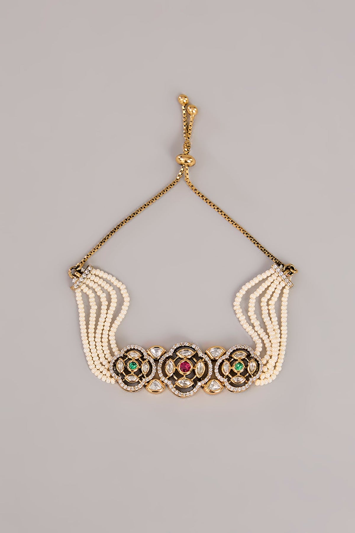 Two-Tone Finish Kundan Polki & Pearl Adjustable Bracelet