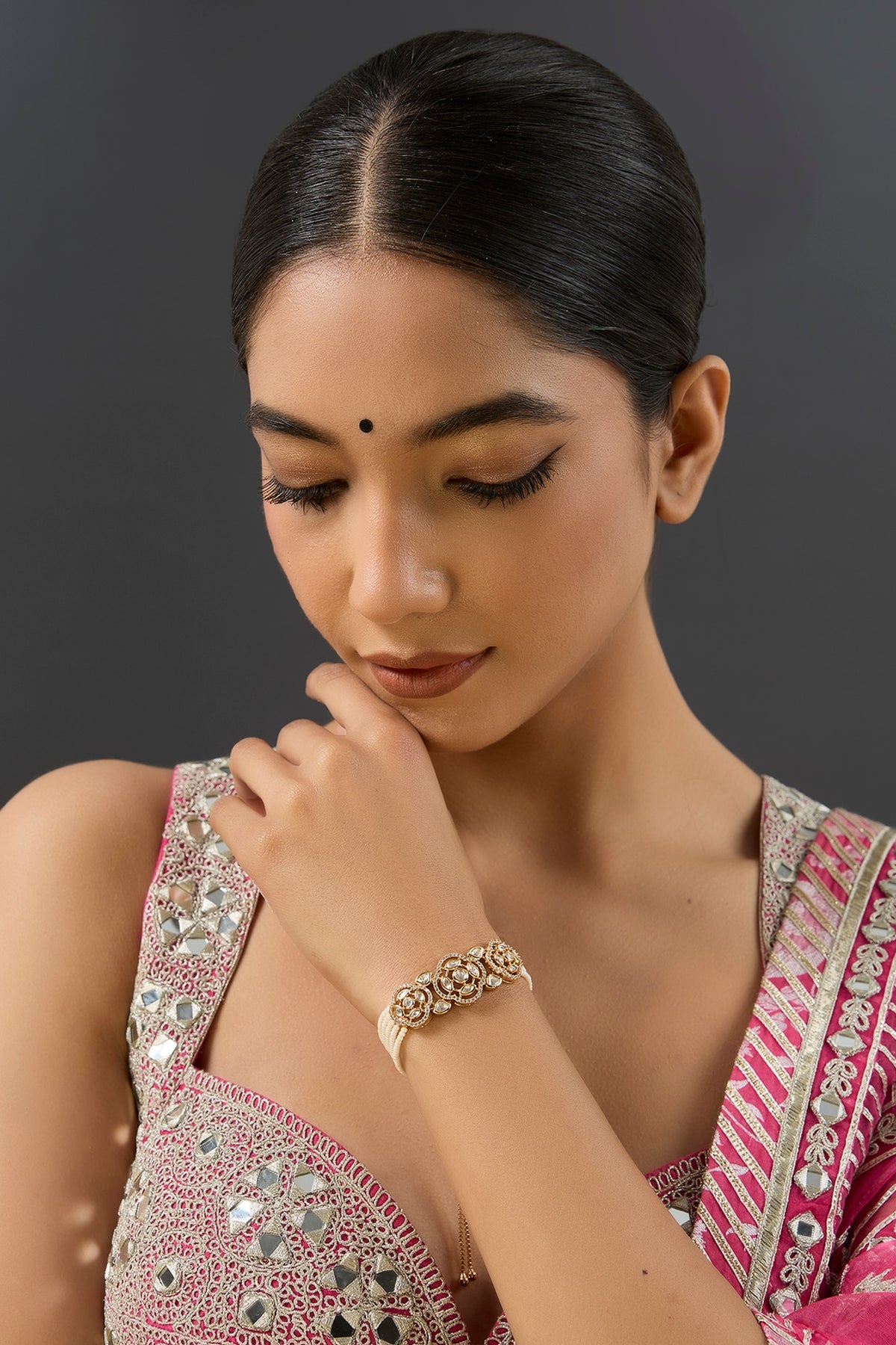 Gold Finish Kundan Polki & Pearl Adjustable Bracelet