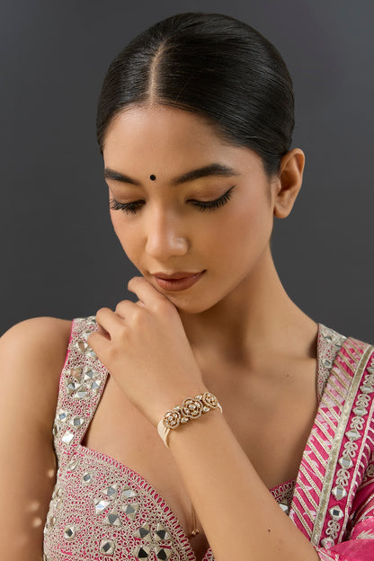 Gold Finish Kundan Polki & Pearl Adjustable Bracelet