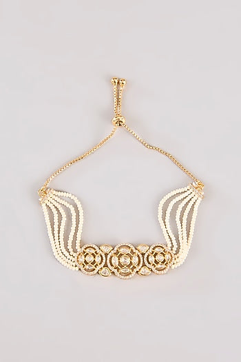 Gold Finish Kundan Polki & Pearl Adjustable Bracelet