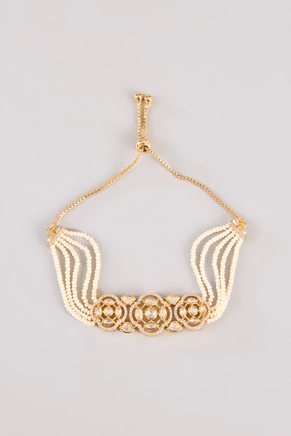 Gold Finish Kundan Polki & Pearl Adjustable Bracelet