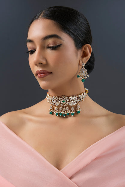 Gold Finish Kundan Polki & Green Stone Choker Necklace Set