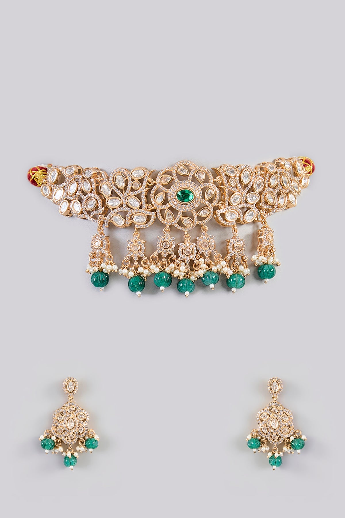 Gold Finish Kundan Polki & Green Stone Choker Necklace Set