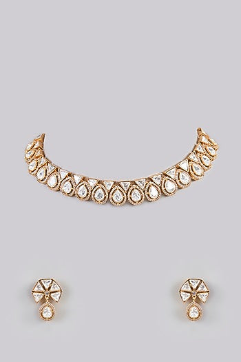 Gold Finish Kundan Polki Necklace Set