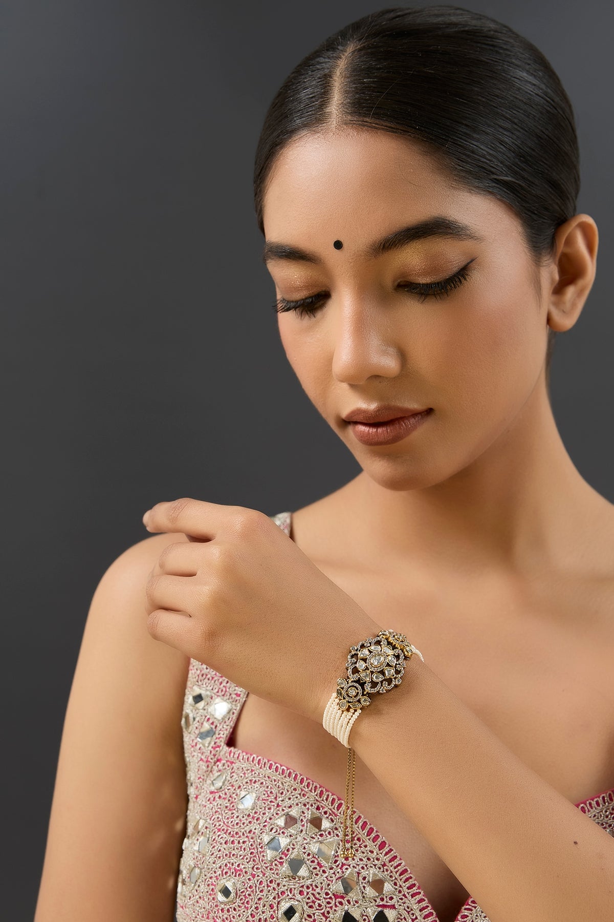 Two-Tone Finish Kundan Polki & Pearl Adjustable Bracelet