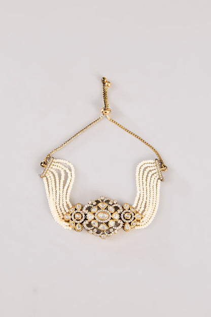 Two-Tone Finish Kundan Polki & Pearl Adjustable Bracelet