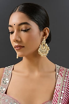 Gold Finish Kundan Polki Chandbali Earrings