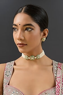 Gold Finish Kundan Polki & Green Stone Choker Necklace Set
