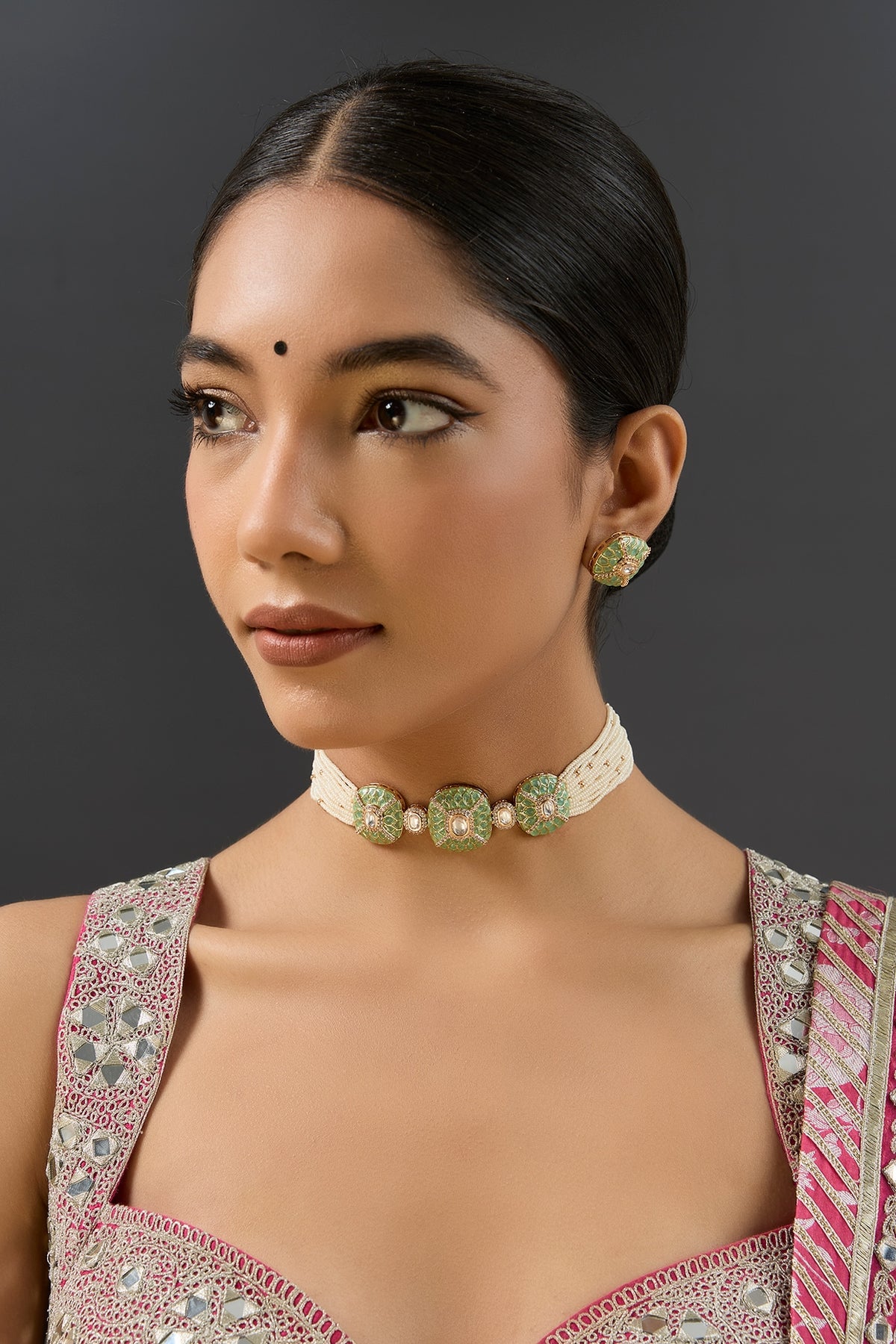 Gold Finish Kundan Polki & Green Stone Choker Necklace Set