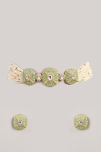 Gold Finish Kundan Polki & Green Stone Choker Necklace Set