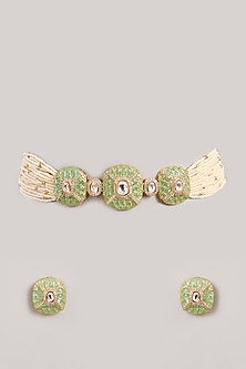 Gold Finish Kundan Polki & Green Stone Choker Necklace Set