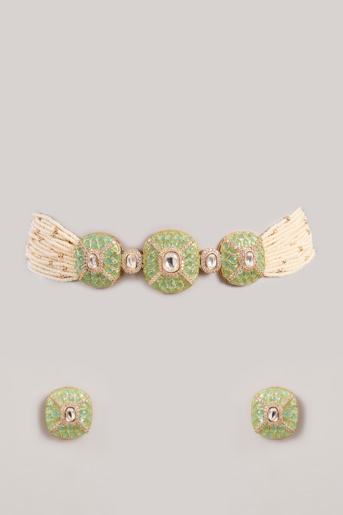 Gold Finish Kundan Polki & Green Stone Choker Necklace Set