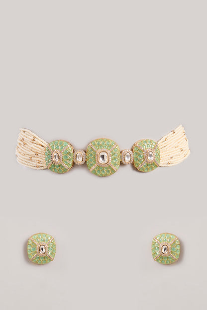Gold Finish Kundan Polki & Green Stone Choker Necklace Set