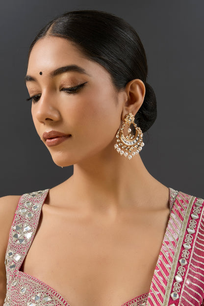 Gold Finish Kundan Polki Chandbali Earrings