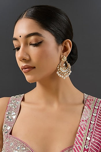 Gold Finish Kundan Polki Chandbali Earrings