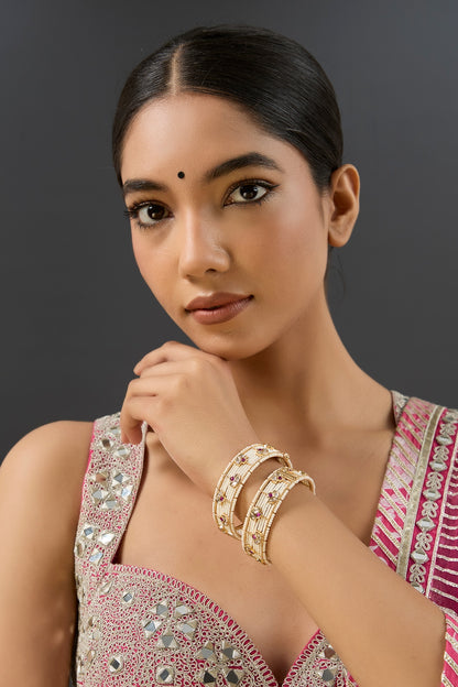 Gold Finish Kundan Polki & Red Stone Bangles (Set Of 2)