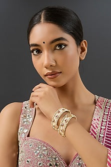 Gold Finish Kundan Polki & Red Stone Bangles (Set Of 2)