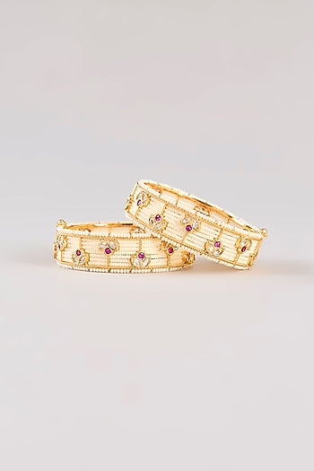 Gold Finish Kundan Polki & Red Stone Bangles (Set Of 2)