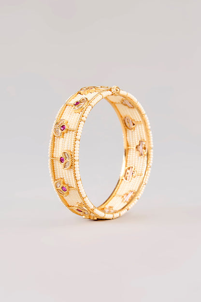 Gold Finish Kundan Polki & Red Stone Bangles (Set Of 2)